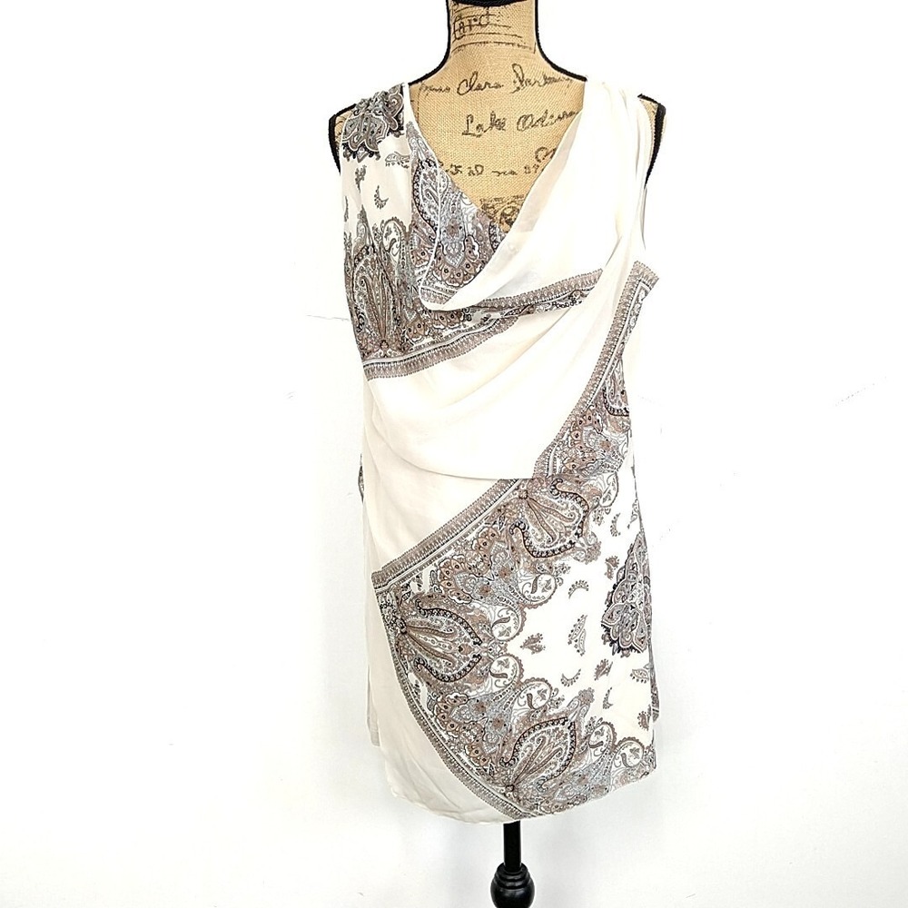 Soft Surroundings Womens sz S Tunic Tank Top White Tan Paisley Ruched Cowl Neck